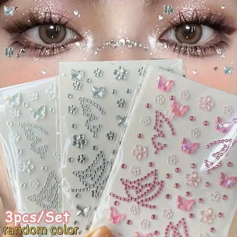 3pcs Colorful Glitter Rhinestone Butterfly Flower Stickers, Facial Jewelry Patches, Fashion Accessories for Eye Rhinestones, Stylish Decorative Adhesives Design