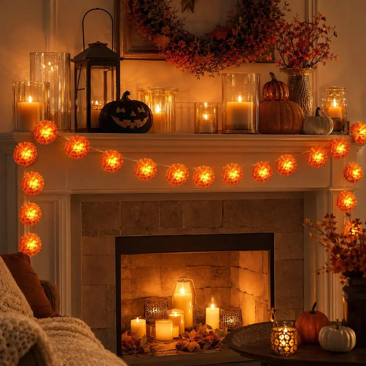 3 M Mexican Marigold Flower String Lights, 20 Flashing Orange LED Cempasuchil Style Garland, Battery Powered Day of The Dead Altar Halloween Fall Decor