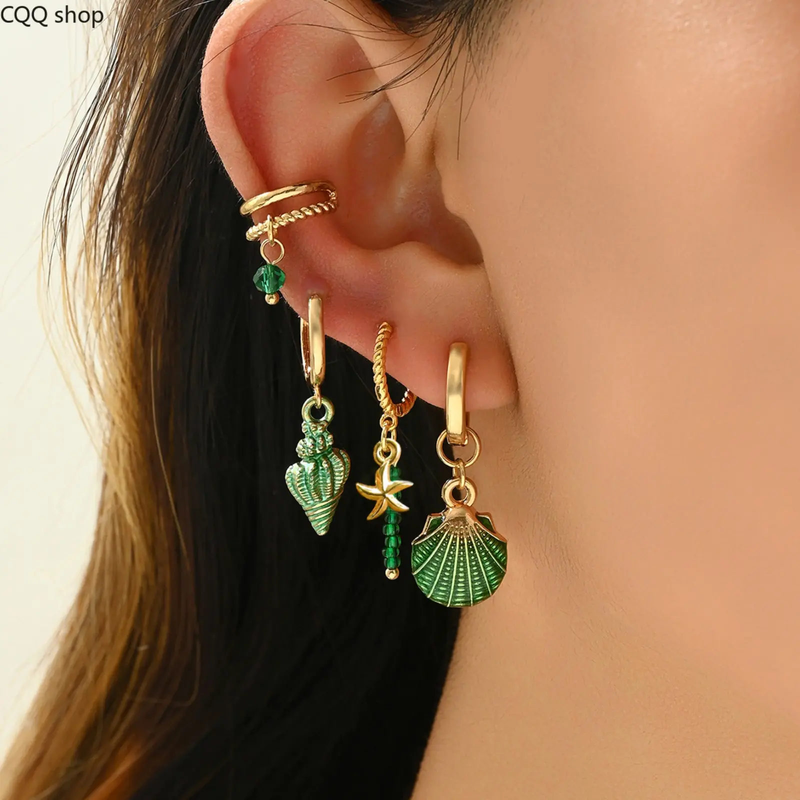 Women's 4-Piece Boho Ocean-Theme Shell Bead Drop Earrings with Stackable Cuffs, Beachwear Sports & Outdoor Accessories for Vacation & Daily Outfits