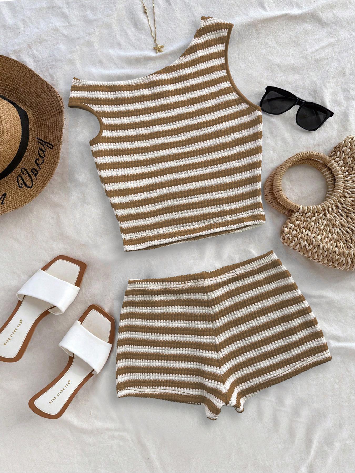 Women's Striped Pattern Asymmetrical Top & Shorts Set without Accessories, Casual Sleeveless Top & Shorts, Ladies Summer Outfit