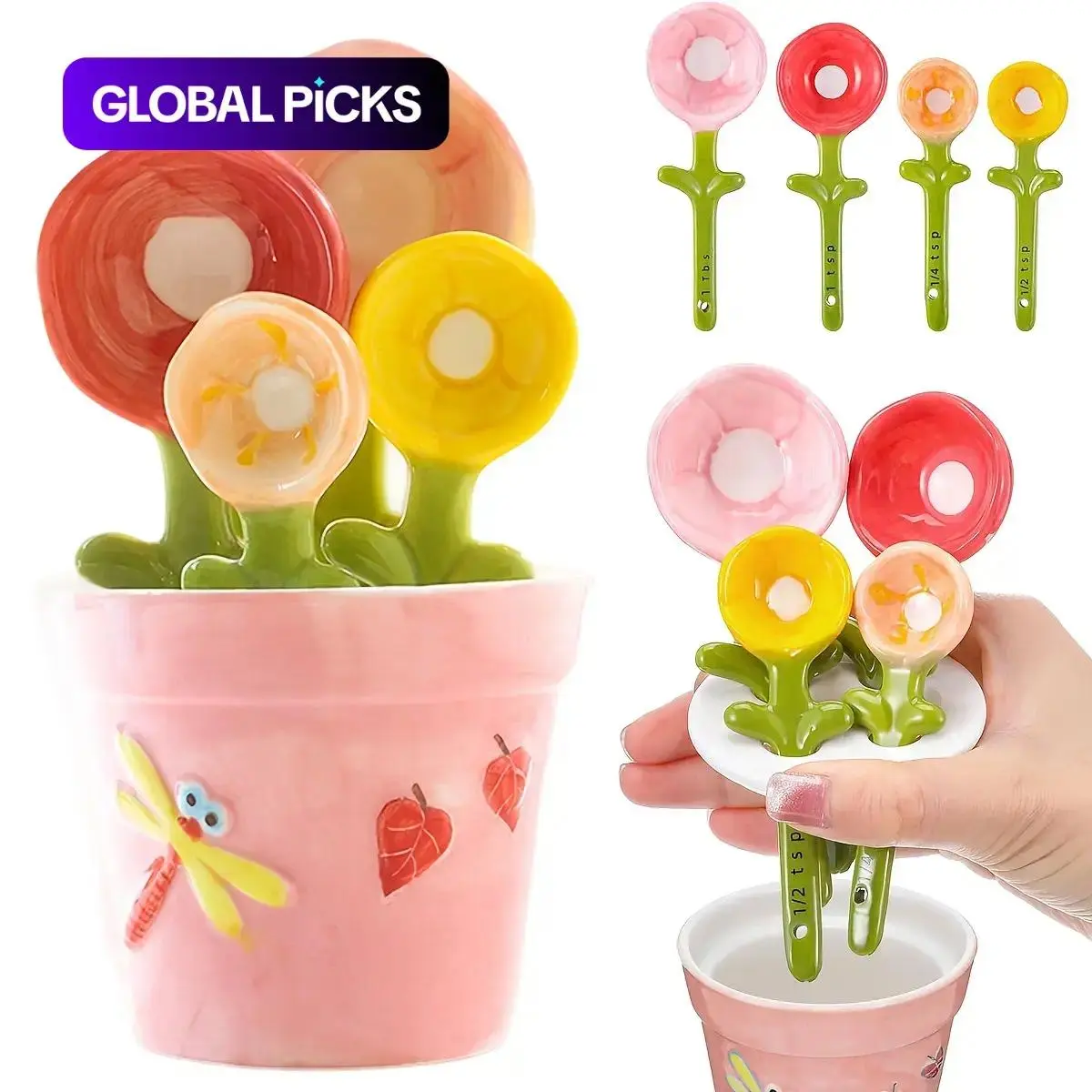 4-Pack Ceramic Flower Measuring Spoons Set with Base, Food Measuring Tool, Decorative Measuring Spoons and Flower Pot Design Cup Set with Capacity Marks for Sugar and Salt, Flower Baking Spoons for Home Kitchen Cooking, Kitchenware Utensils #GLOBAL PICKS