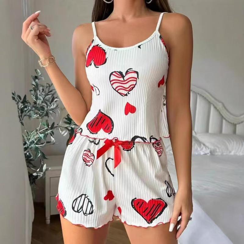 Casual Pajama Set with Cherry and Heart Print Spaghetti Strap Top and Ruffled Hem Shorts Soft Polyester Spandex Blend 95 5 180g m² Comfortable All Season Loungewear Perfect Valentine s Day Gift for Women Fabric Womenswear Everyday Feminine