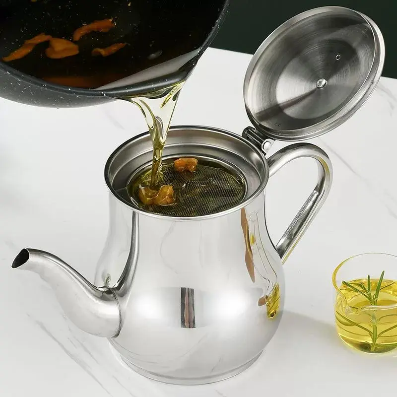 【Summervibes】Stainless steel oil bottle, household oil storage, filter, oil separator, multi-purpose condiment bottle, non-stick oil bottle, large capacity., 24oz 32oz Stainless Steel Oil Storage Pot for Storing Frying Oil and Cooking Grease