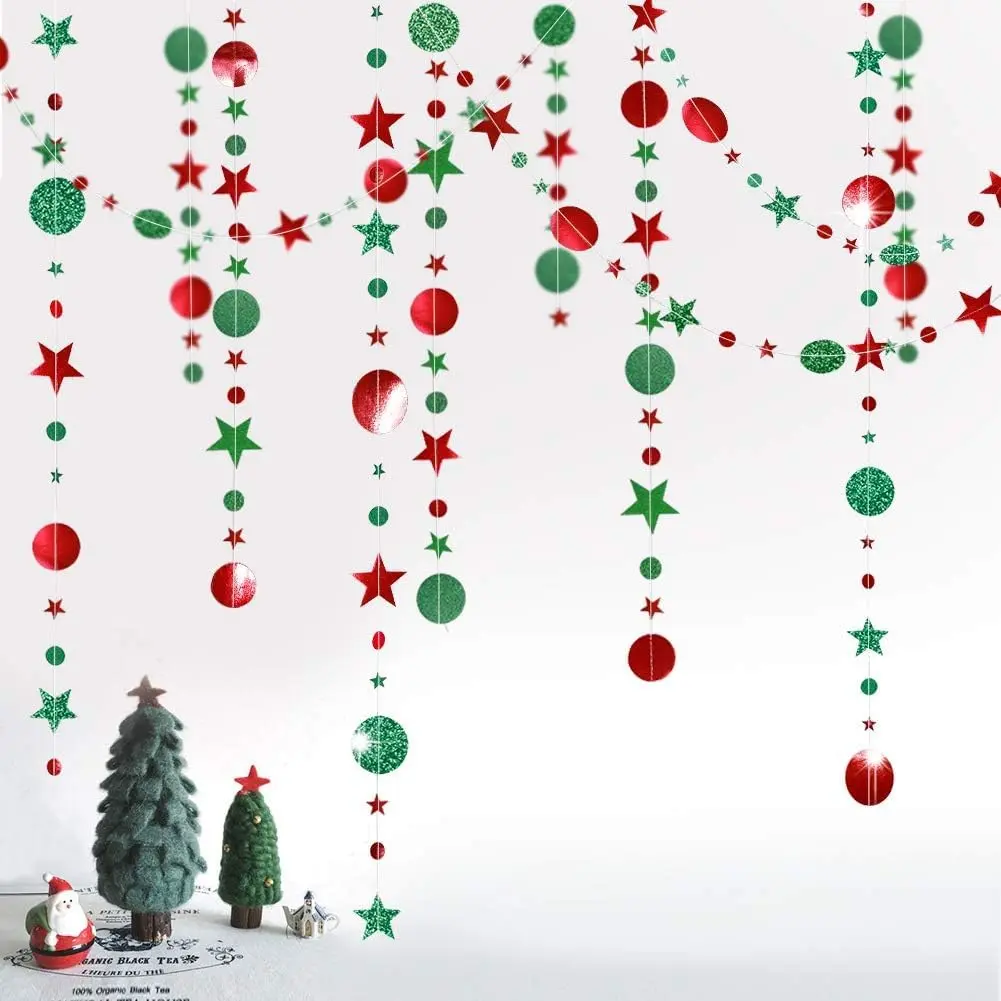 Shiny Metallic Circle Reflective Glitter Christmas Decorations - Red Green Ugly Sweater Garlands, Xmas Tree Streamers, Wall Photobooth Backdrop for Office Party Decor