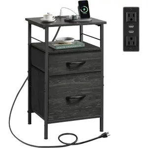 WLIVE Modern Design Side Table with Charging Station, Night Stand with Fabric Drawers, USB Ports and Outlets for Room