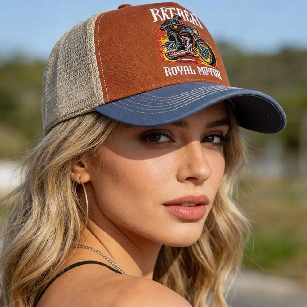Hot Sale Motorcycle Embroidered Trucker Hat Flame Biker Patch Baseball Cap For Man Woman Breathable Streetwear Summer Mesh Caps
