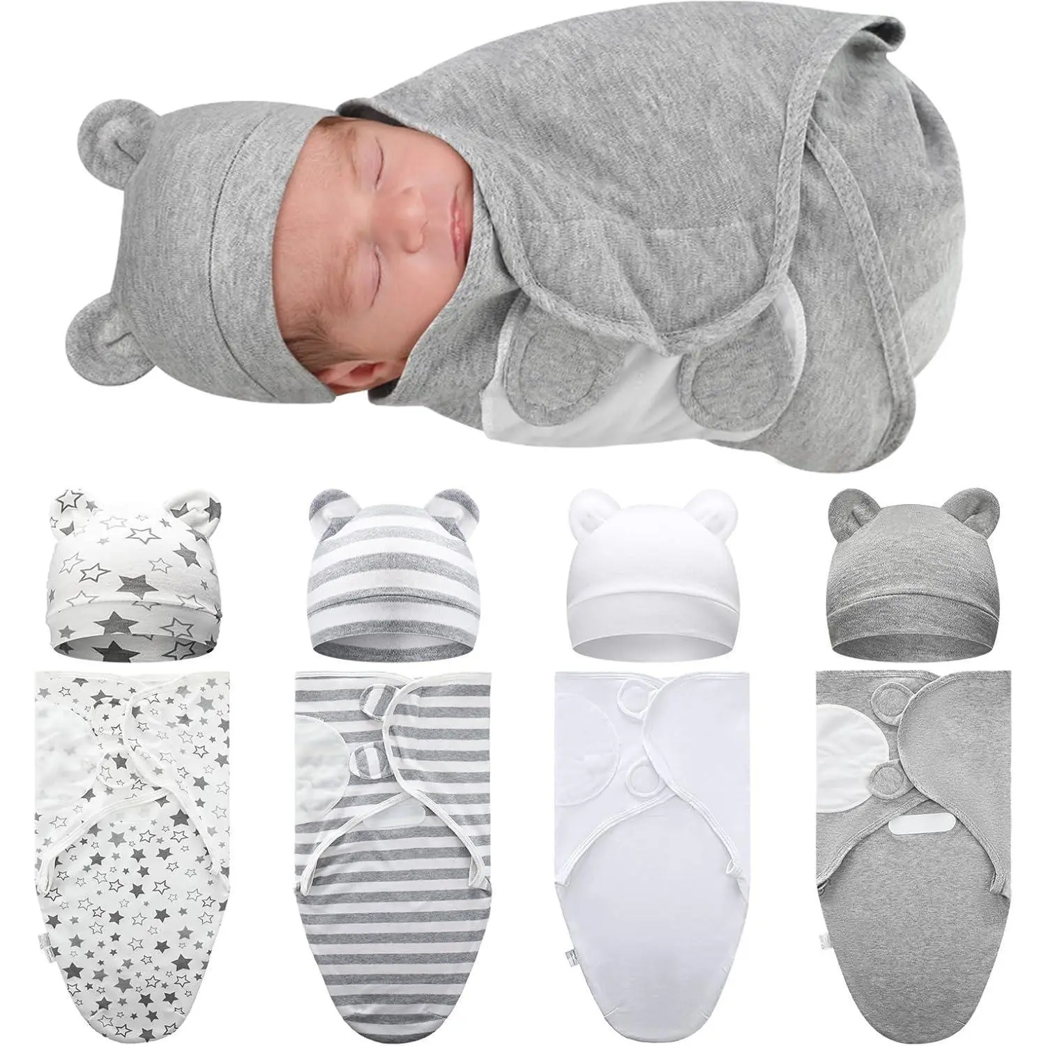 Swaddle Blanket, 4 Pack Preemie, Wrap Set with Hat for Baby Boys Girls 3-7 Lbs Preemie Newborn Clothes Sleepers Cap