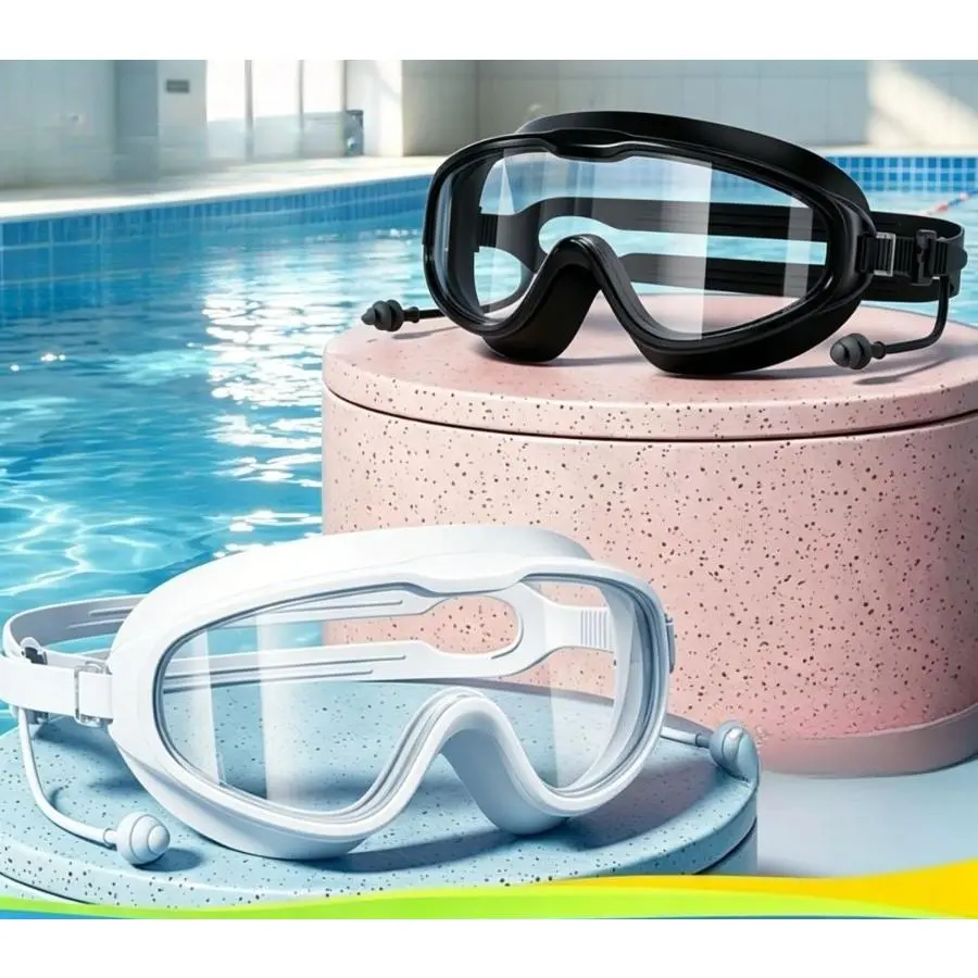 Durable Large Frame Swimming Goggles for Adults & Children, Anti-Fog High Definition Lens, Adult Black Swim Kit with Cap & Integrated Earplugs, Adult Black [Earplugs Integrated] High Definition