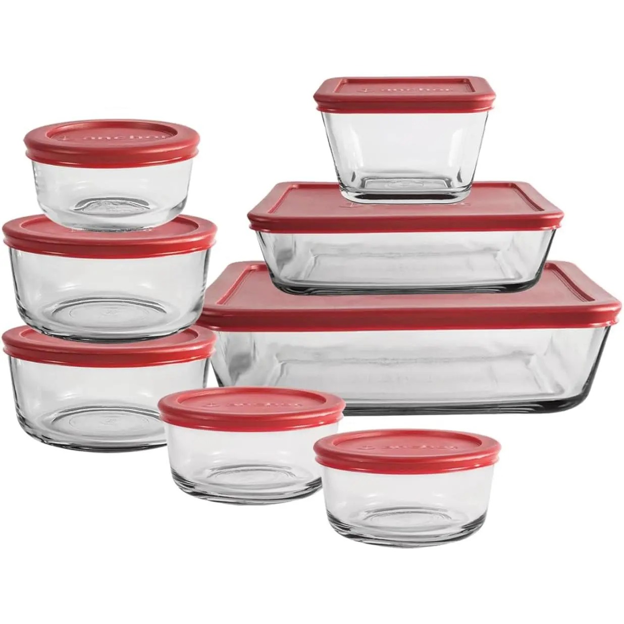 16 count Glass Storage Containers with  (8 Glass  Storage Containers & 8 Red SnugFit )