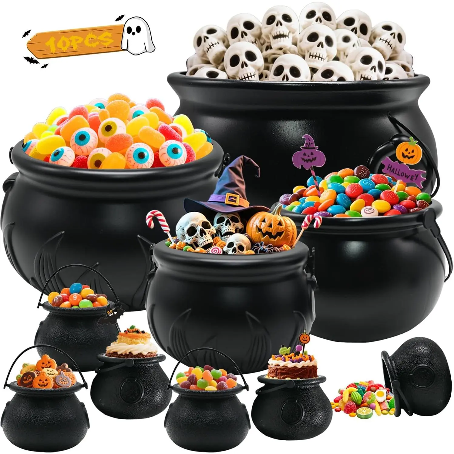 Cauldron Halloween Decoration, 10 in 1 Package Large Black Plastic Candy Bowl Set, Cauldron Kettle Candy Holder Containers for Halloween Party Decor & Trick-or- Bowl