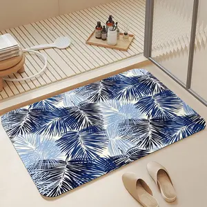 16x24 Inch Cream Background Multi Shade Navy Blue Gradient Palm Frond Tropical Leaf All Over Print Coastal Diatomaceous Earth Bath Mat, Ultra Fast Water Absorbing Non-Slip Rubber Backed Stain Resistant Low Profile Shower Floor Rug, Quick Drying Easy Rinse