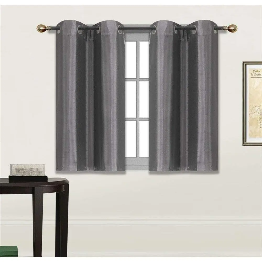 2 Panel Faux Silk Blackout Curtain Set Solid Charcoal/Dark Grey with Grommet Top Room Darkening Short Tier Drapes for Kitchen, Bathroom or Any Small Window