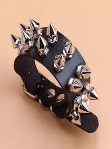 Adjustable Black PU Leather Spiked Wristband, Metal Cone Rivet Punk Goth Y2K Bracelet for Men Women, Rock Biker Street Jewelry for Party Daily Wear Gifts