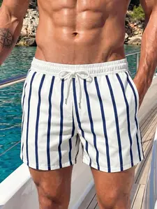 Y2K Retro Nautical Blue Striped Men's Quick-Dry Swim Trunks, Adjustable Waist, Breathable Beach Shorts, Versatile Summer Wear, Swimming Shorts