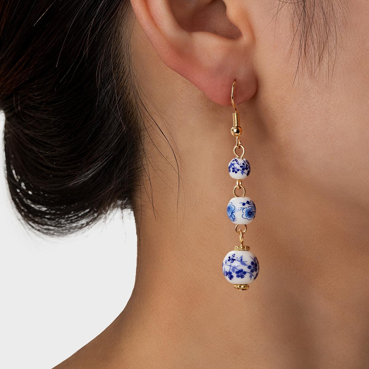 Blue White Porcelain Bead Earrings Round Chinese Style Retro for Women Han Fu Long Earring Pendant Niche Fashion Trend Accessory