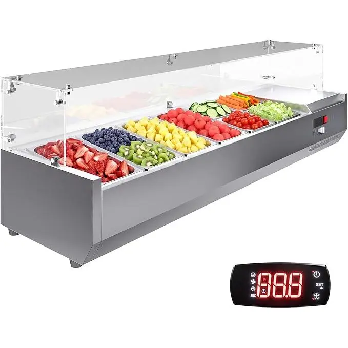 304 Stainless Steel Kitchen Cooling Refrigerated Countertop Prep Station - 130W Digital Thermostat, Durable Single Unit with Variable Size Food Pans and PC Lids, 35-46°F
