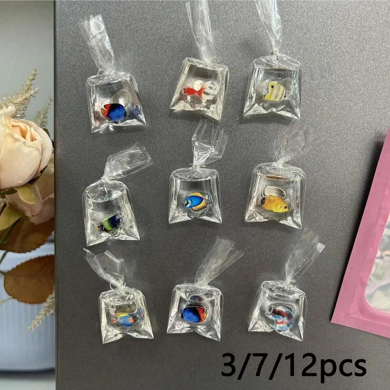 7-Piece Mini Water Bag Fish Magnet Set, Cartoon Ocean Tropical Fish Decor, Kitchen Office Whiteboard Organizer, Party Souvenir, Decorative Fridge Magnets, Cute Magnets For Fridge