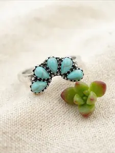 Handmade Native American Style Five Pear Shape Turquoise Cluster Oxidized Silver Ring Vintage Bohemian Chunky Finger Rings