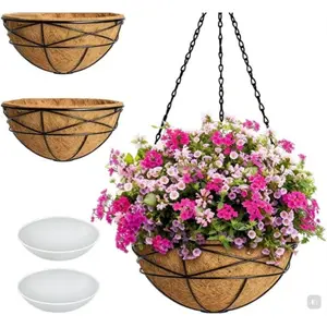 2 PCS Metal Chain Hanging Baskets with Coco Liner, Round Hanging Planters for Outdoor Plants, Flower Pots for Porch Balcony Garden Patio Indoor Outdoor Use