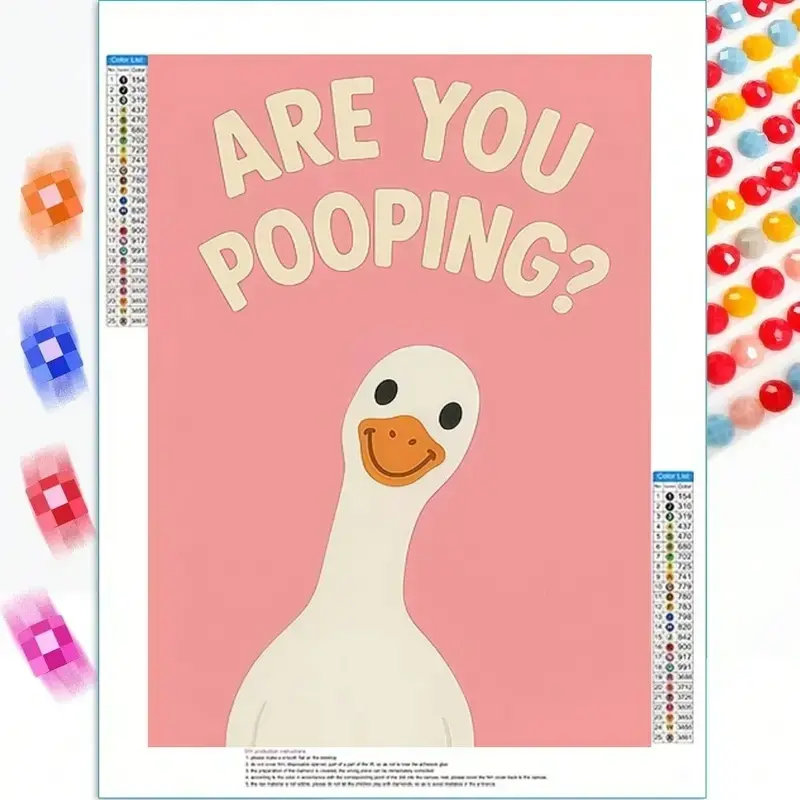 DIY Diamond Painting Kit, Funny White Goose Poster "ARE YOU POOPING?", Solid Pink Background Bathroom Wall Decor. Great for Restroom Hanging, Fun Leisure DIY Craft, Playful Novelty Gift for Home