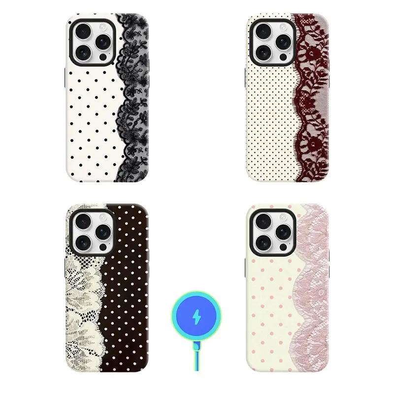 Compatble with Magsafe, Polka Dots & Lace Splicing Shockproof Anti-Slip Scratch Resistant 2-in-1 Glossy Printed Hard PC Case for iPhone 11-17 PRO MAX Cases Anti-Yellowing Cover Cellphone Durable, Accessories, Shell