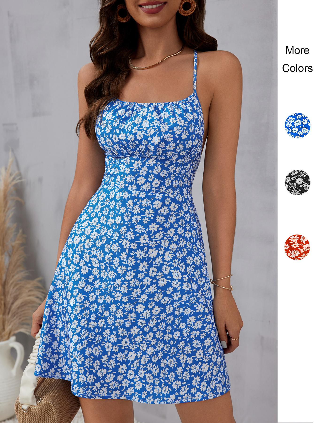 Women's Ditsy Floral Print Criss Cross Tie Sleeveless Backless Cami Dress, Boho Fashion Spaghetti Strap A Line Short Dress for Beach Holiday Vacation, Ladies Summer Clothes, Bohemian Casual Womenswear