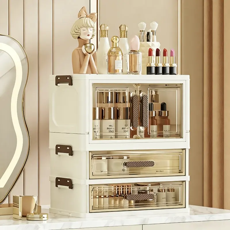 A stackable desktop organizer with drawers and compartments, ideal for storing cosmetics, beauty tools, jewelry, and school supplies in student dormitories. Equipped with a convenient self-closing door handle