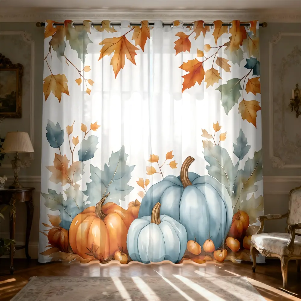2 Panels Hand-painted Pumpkin Maple Leaf Autumn Theme Light Filtering Curtains, Brushed Fabric Digital Print Rod Pocket Soft Light Drapes, Art Style Curtains for Living Room, Bedroom, Study Room Decor