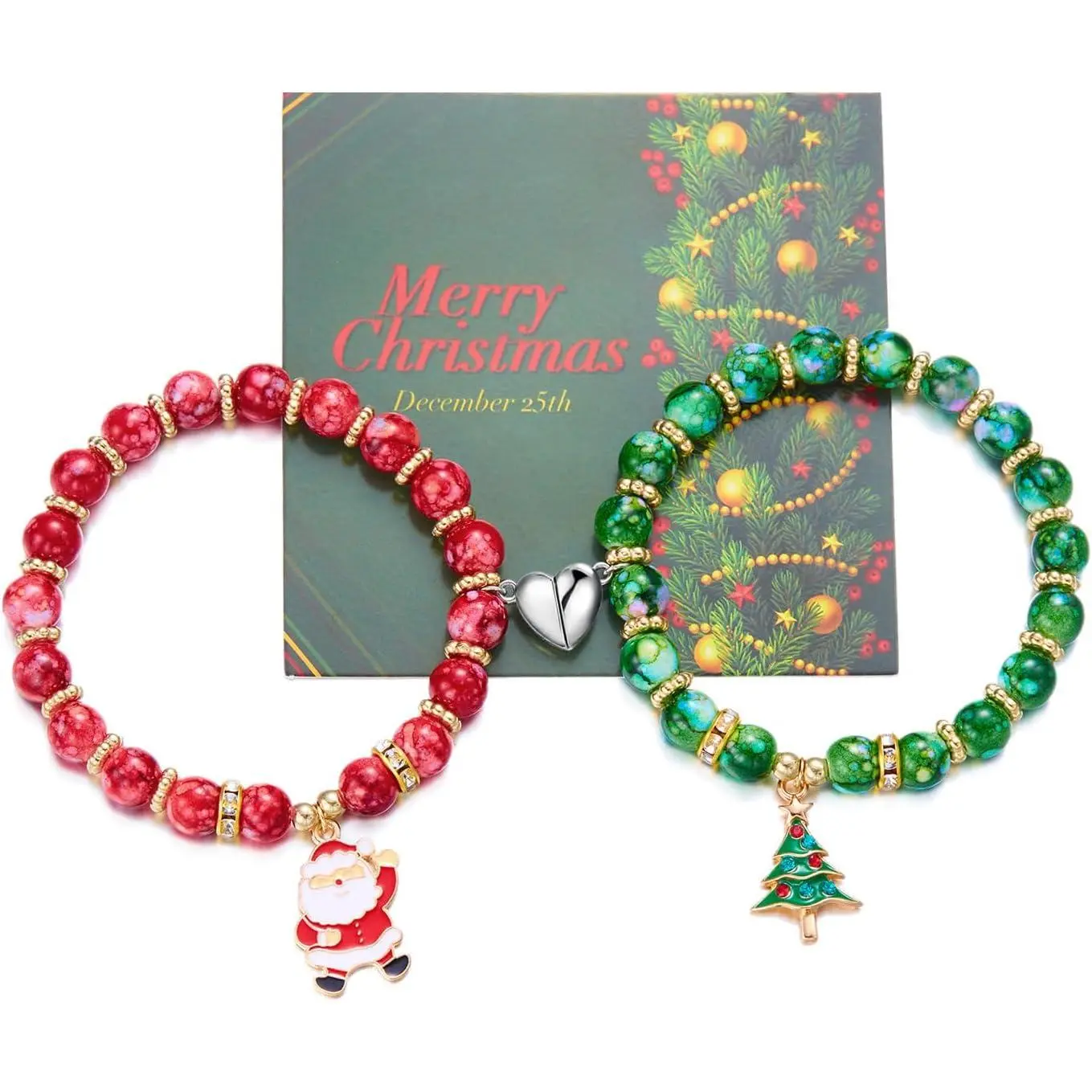 2 count Christmas Love Heart Matching  Bracelets for Couple Colorful Santa Claus Christmas Tree Snowflake Beaded Stretch Bracelets for Women Men Relationship Matching  Xmas Gifts