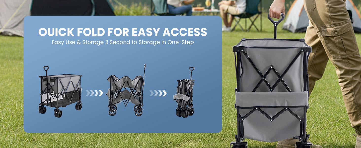 Wagon Cart Collapsible Double Decker 440 lbs Heavy Duty Wagon with All-Terrain Wheels & Adjustable Handle, Portable 400L Storage Utility Cart for Garden, Camping, Sports, Shopping (Grey)