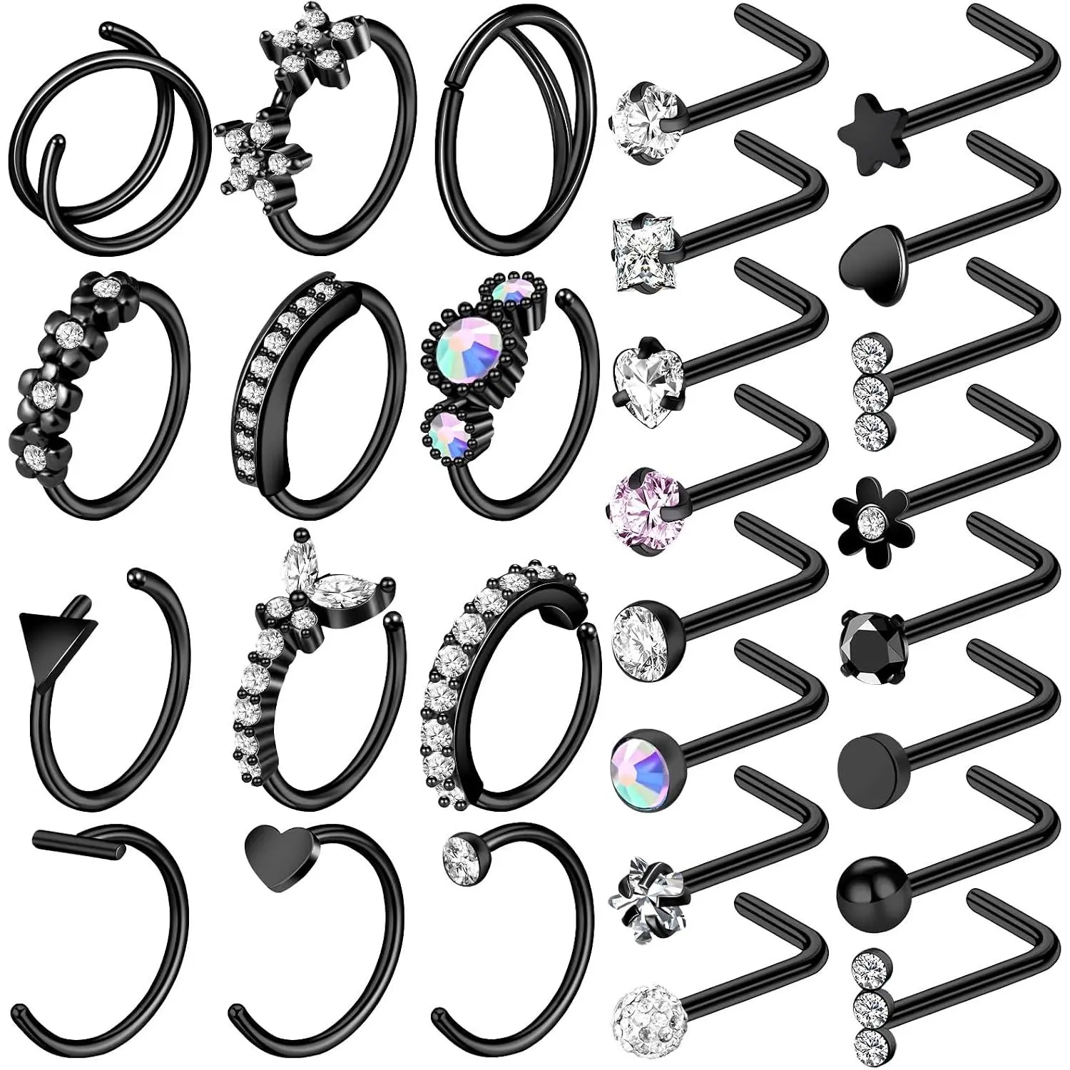 29 count Black Nose Rings for Women - L Shape, Studs, Hoop, Stainless Steel Nose  for Women & Men