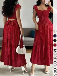 1 Piece Spring & Summer Ruffled Square Neck Polka Dot Maxi Dress , Back Tie Design Retro Sweet Style for Date Nights and Vacation,Waist-Cinching Slimming Romantic Girl Style for Parties and Daily Outings