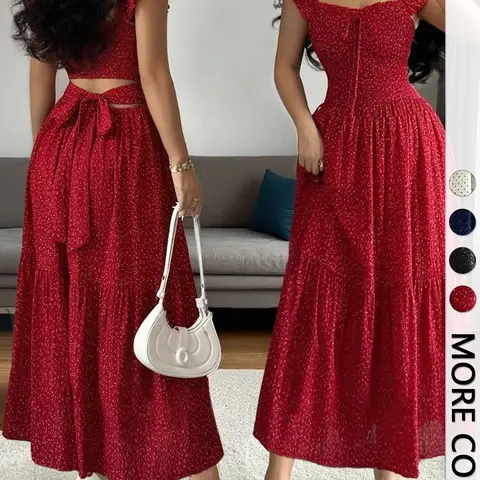 1 Piece Spring & Summer Ruffled Square Neck Polka Dot Maxi Dress , Back Tie Design Retro Sweet Style for Date Nights, Vacation and,Waist-Cinching Slimming Romantic Girl Style for Parties and Daily Outings, Casual Wear, Polka Dot Dresses