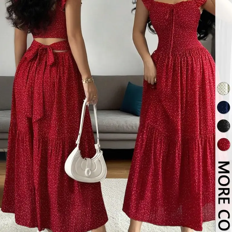 1 Piece Spring & Summer Ruffled Square Neck Polka Dot Maxi Dress , Back Tie Design Retro Sweet Style for Date Nights, Vacation and,Waist-Cinching Slimming Romantic Girl Style for Parties and Daily Outings, Casual Wear, Polka Dot Dresses