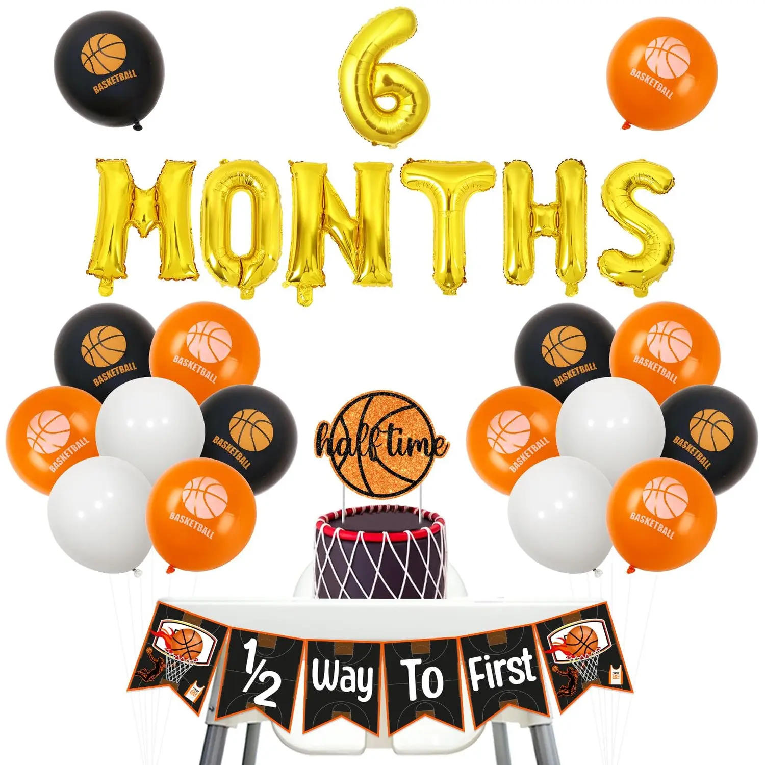 1Set Basketball Half Birthday Decorations Half Time Basketball Decorations High Chair Banner Cake Topper Foil Balloons for Boy Sports 6 months Birthday Decoration