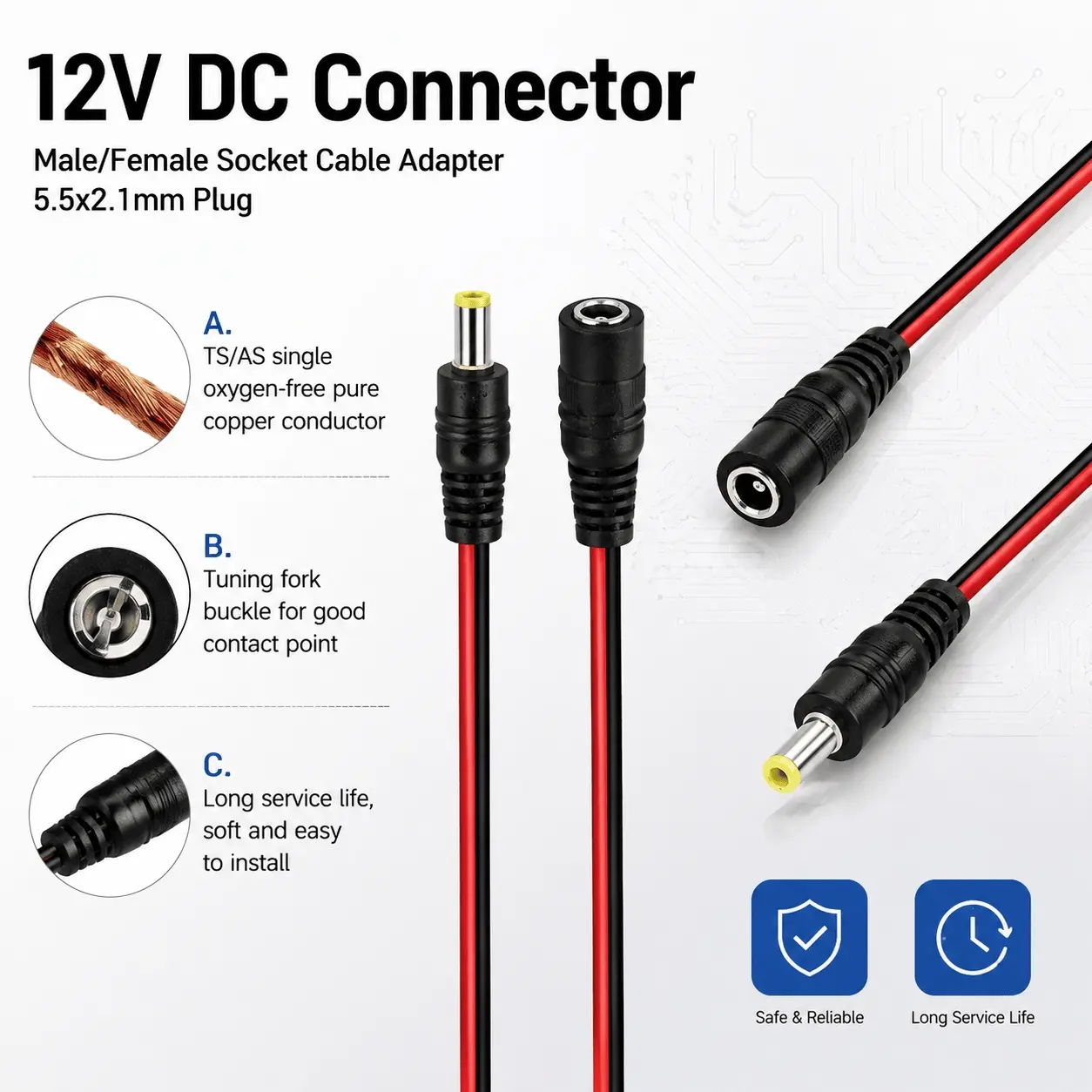 12V DC Power Connector Plug Cable Set 5 20 50 Pcs Kit, 5.5x2.1mm Jack, LED Strip CCTV Camera Electrical Wiring Adapter Tool