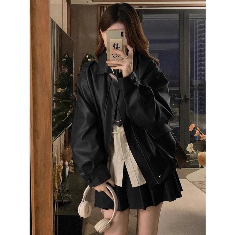 Maillard brown motorcycle leather jacket women 2026 new spring and autumn American retro windproof  jacket coat tide