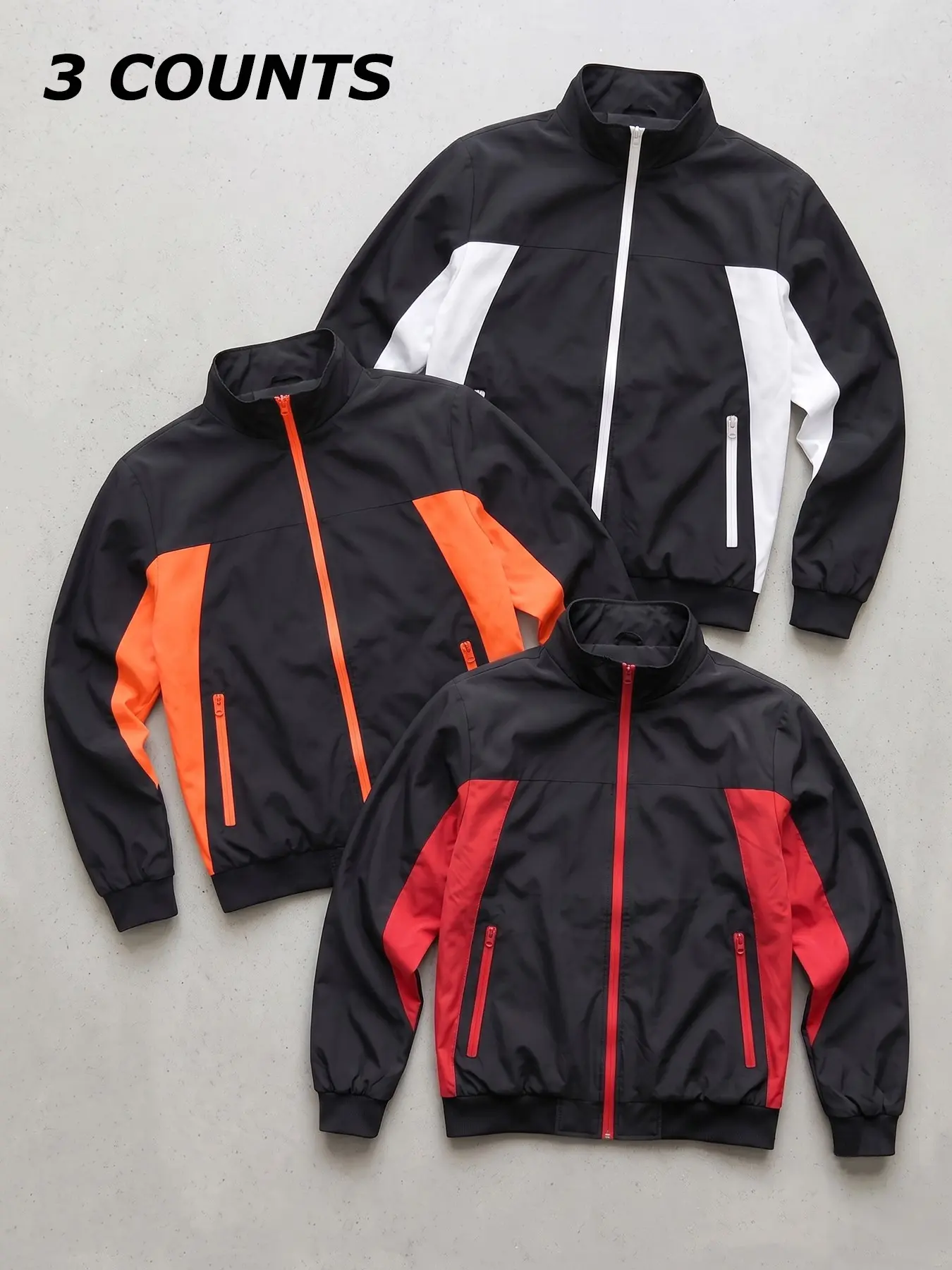 3 Piece Set Men's Colorblock Patchwork Sporty Jacket with Zipper Pockets, Windproof Stand Collar Zip Up Coat, Spring Fall Quick-Dry Breathable Athletic Outwear Outfits Tops