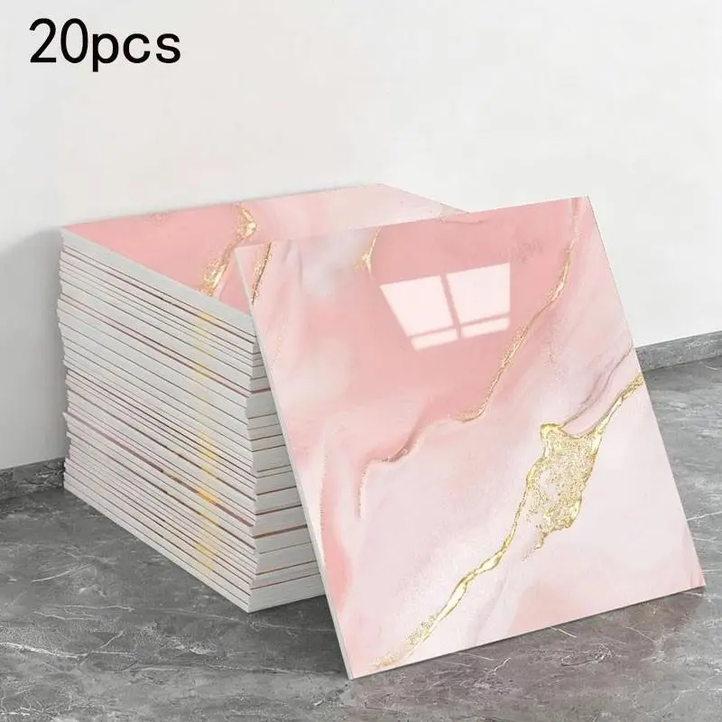 Pink marble pattern self-adhesive wall sticker - 20 pieces pack. Thick PVC foam waterproof wall panel. Kitchen and bathroom wall renovation - peel-and-stick tiles sticker.