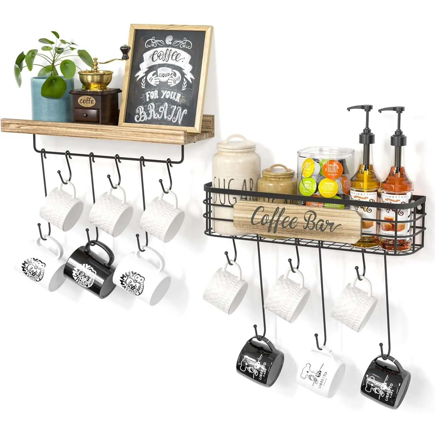 Coffee Cup Holder 2 Pack Coffee Bar Shelf with 12 Mug Hooks, Mug Organizer Floating Mug Racks for Wall, Coffee Cup Display Hanger Pods Holder, Farmhouse Coffee Bar Decor Kitchen Accessories