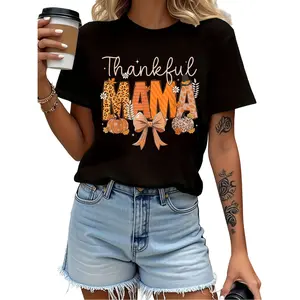 Plus Size, Women's Plus-Size 0XL-5XL 180gsm Heavyweight Pure T-Shirt - Thanksgiving Mama T-Shirt with Thankful Bow & Autumn Leaf Turkey Pumpkin Print, Oversized Round Neck Casual Fall Top for Mom, Thanksgiving Party OutStreetwear Menswear Basic Print Soft