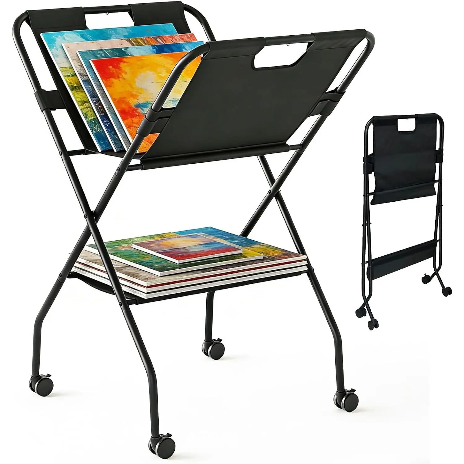 Folding Art Storage Racks with Caster Wheels, Sturdy Art Print Racks & Canvas Organizers, Duty Collapsible Art Studio Storage, Fits Frames, Prints, Posters for Artists, Home & Classroom
