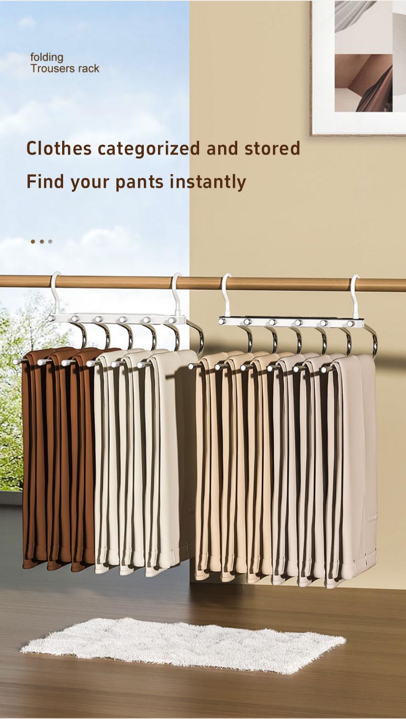6 Layer Pants Hanger Space Saving Closet Organizer with 65mm Wide Spacing, Anti-Slip Multifunctional Pants Rack for Jeans Trousers Wardrobe
