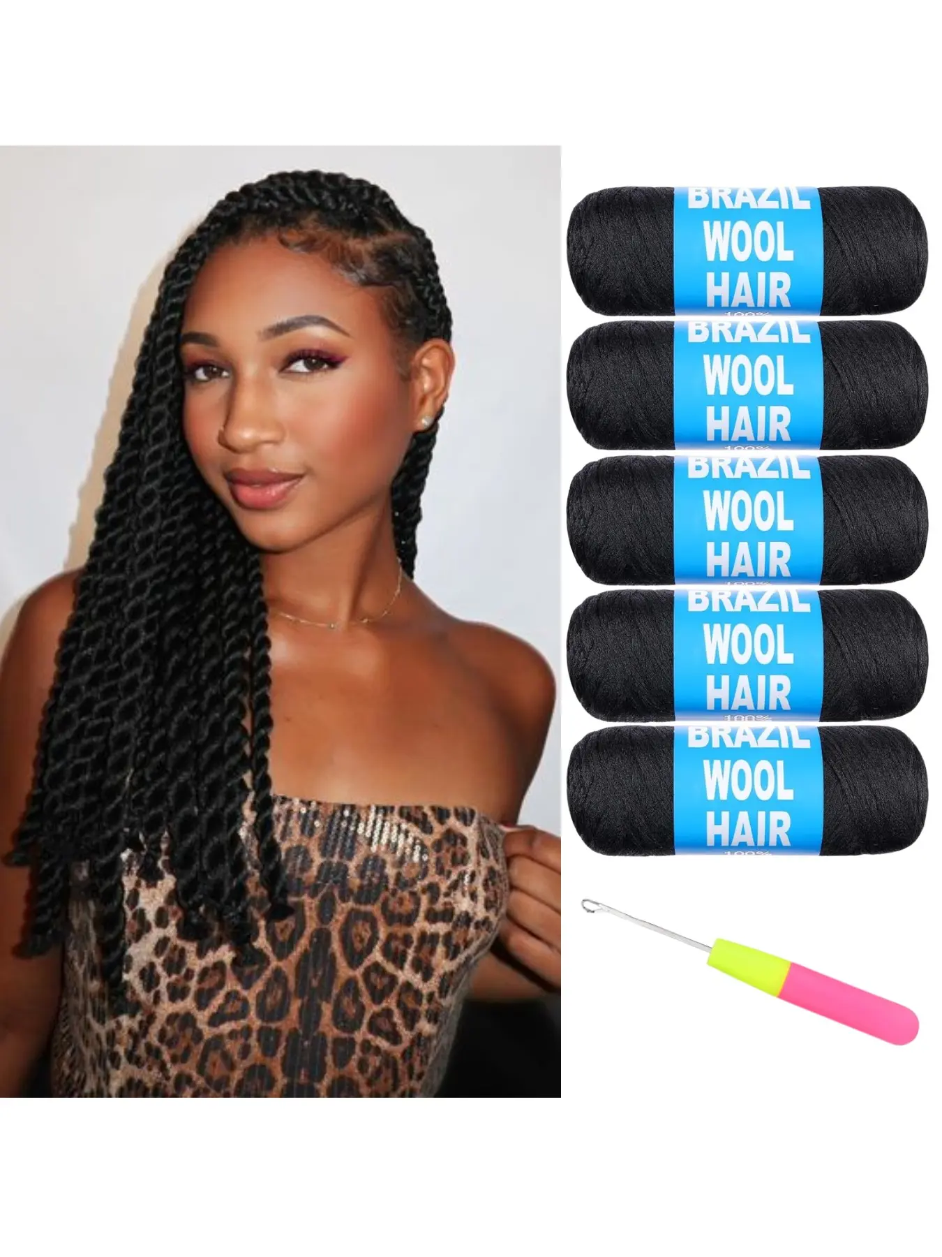 100% Brazilian Wool Hair Acrylic Yarn for African Braids/Box Braids/Senegalese Twist/Jumbo Braids/Faux Locs/Wraps with Crochet Hook(5 Roll)