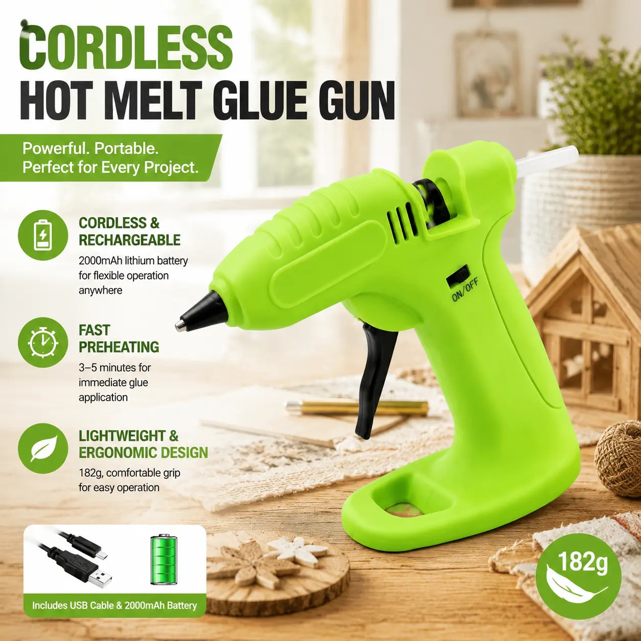 Cordless Hot Glue Gun - Rechargeable Mini Glue Gun with 2000mAh Lithium Battery, Portable DIY Craft Tool with Fast 3-5 Min Preheat, 30 Clear Glue Sticks Included for Home Repair, Arts & Crafts Projects