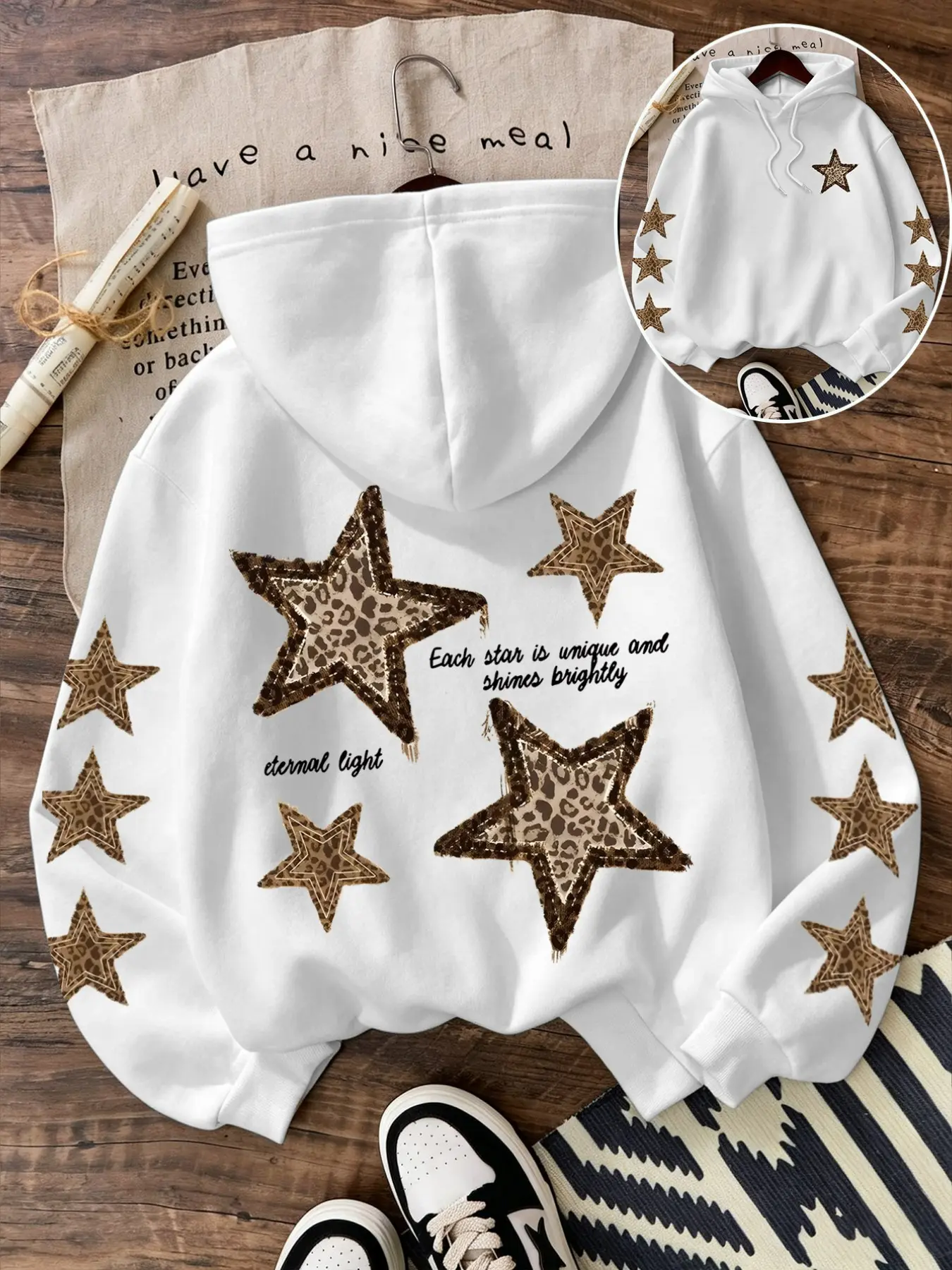 Leopard Print Star Pattern Hoodie, Long Sleeve Casual Sweatshirt, Comfortable and Stylish, Fall & Winter Daily Wear