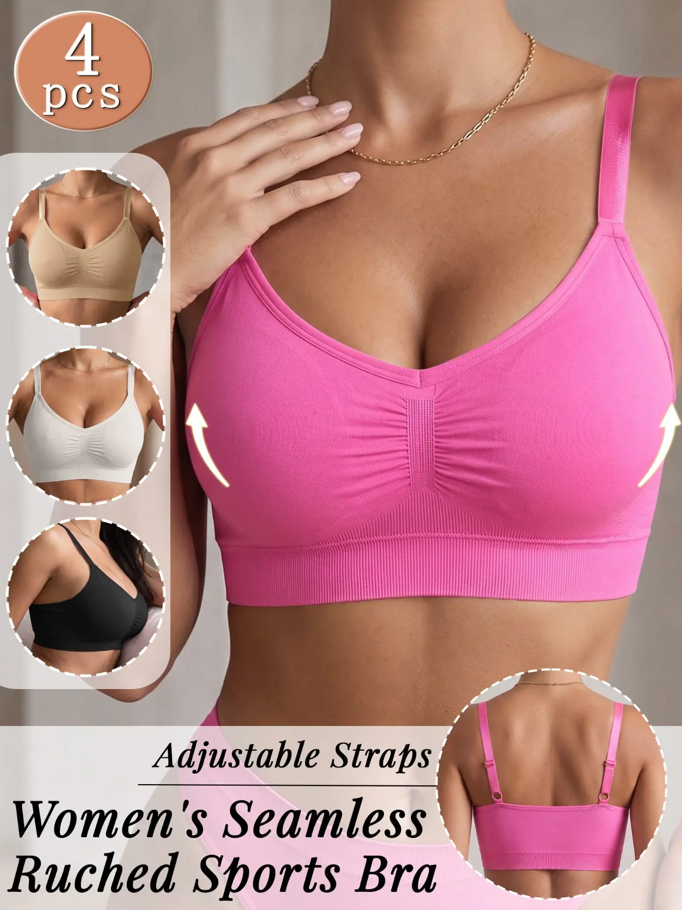 4 Pack Seamless Wireless Bra, Front Ruched Adjustable Straps, Comfortable No Dig Everyday Commute Sports Bralette, Adjustable Sports Bras