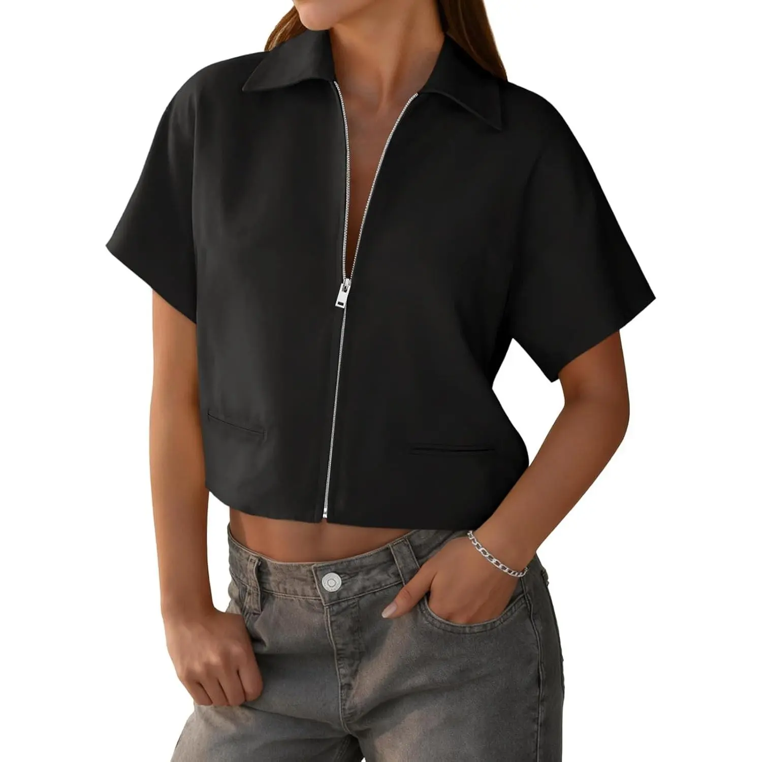 Women's Trendy Collared Cropped Waistcoat - Short Sleeve, Zip-Up, Loose-Fit Summer Casual Blouse Clothes