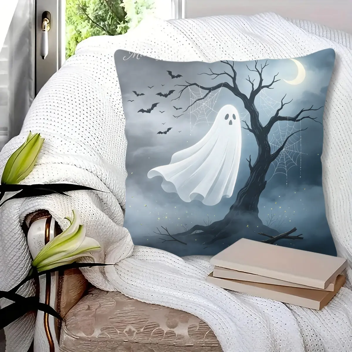 Spooky Halloween Ghost Throw Pillow, featuring bat, bare tree and crescent moon night print, soft durable decorative pillow perfect for sofa, couch, bedroom, living room halloween party decor, comes with pillow insert