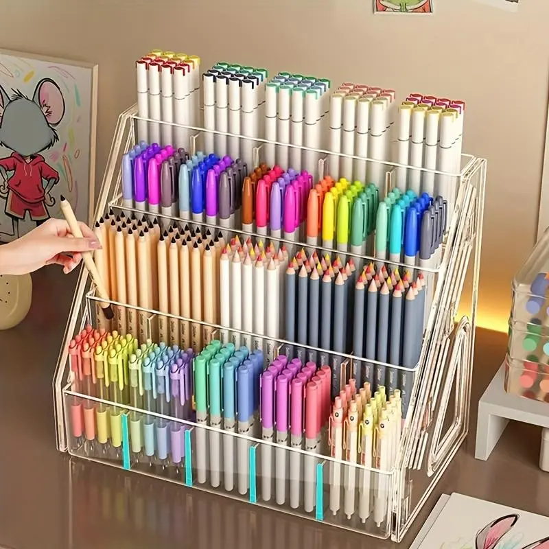 Large-Capacity Acrylic Pen Holder Storage Box, Multiple Compartments, Heavy Plastic Desk Organizer, Office Supplies Container, Desk Organizers with Compartments